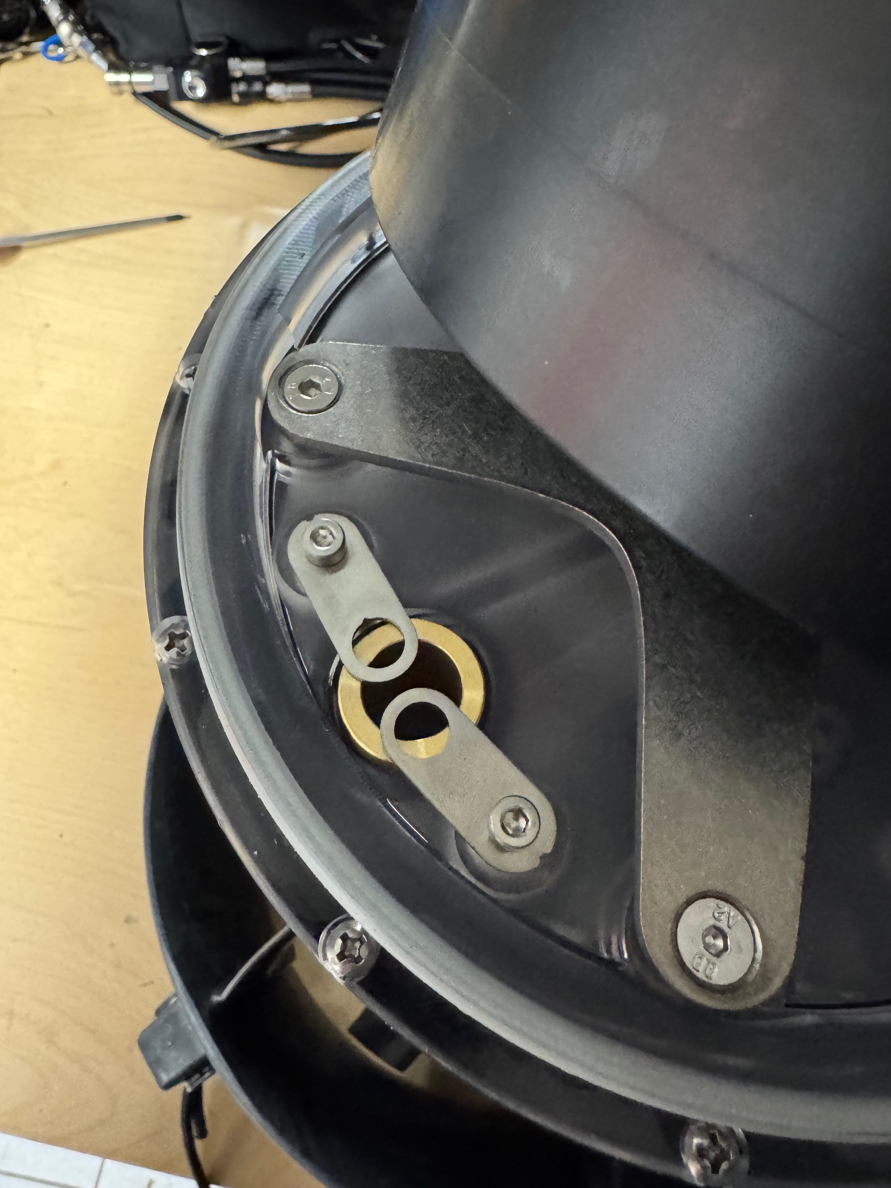 Nosecone lifted showing the internal ballast bay with brass bracket and O-ring